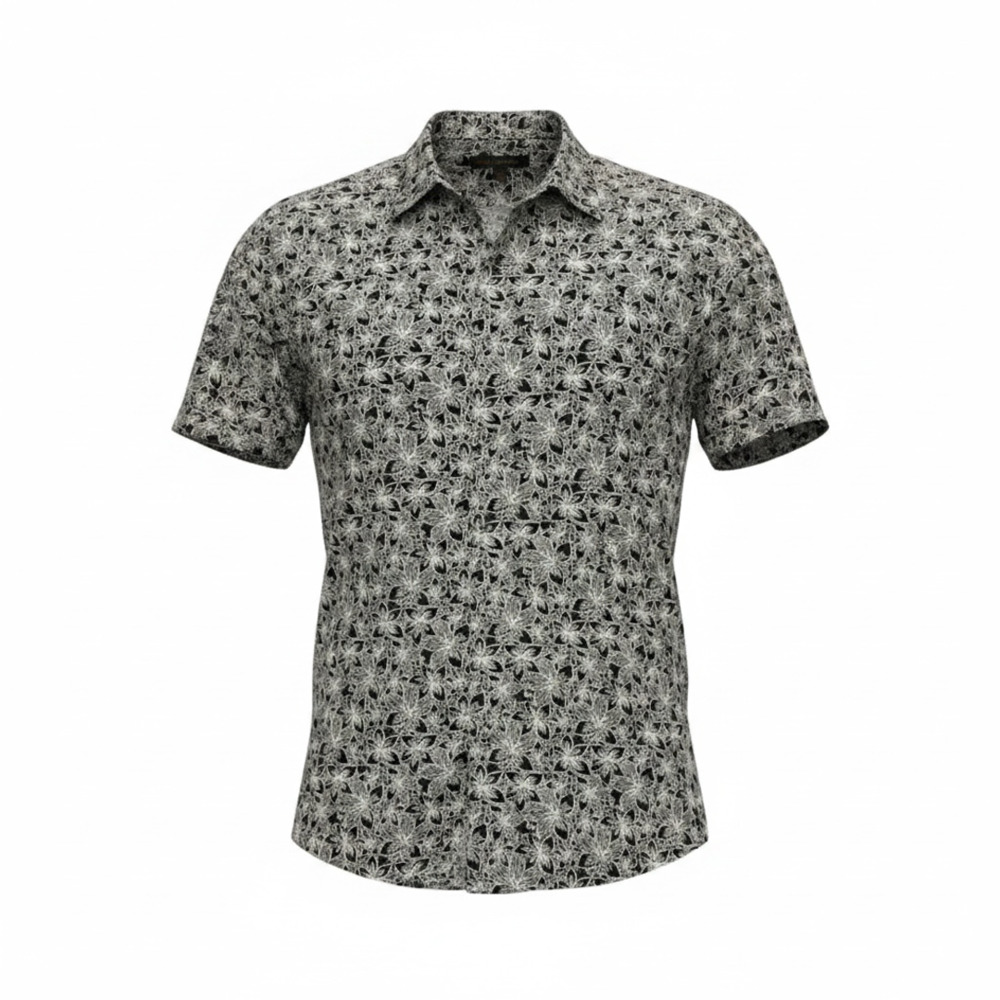 John Varvatos USA Short Sleeve Button-Down Shirt Black White Floral Print XL